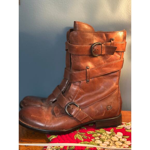 BORN Alamid Dark Tan Brown Leather Strappy Buckle Midcalf Boot Size 8 - Picture 1 of 9
